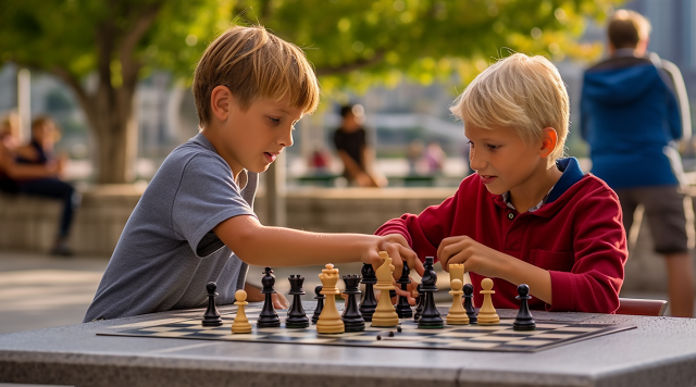 dzieci grają w szachy na dworze