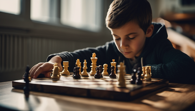 chłopiec w bluzie gra w szachy